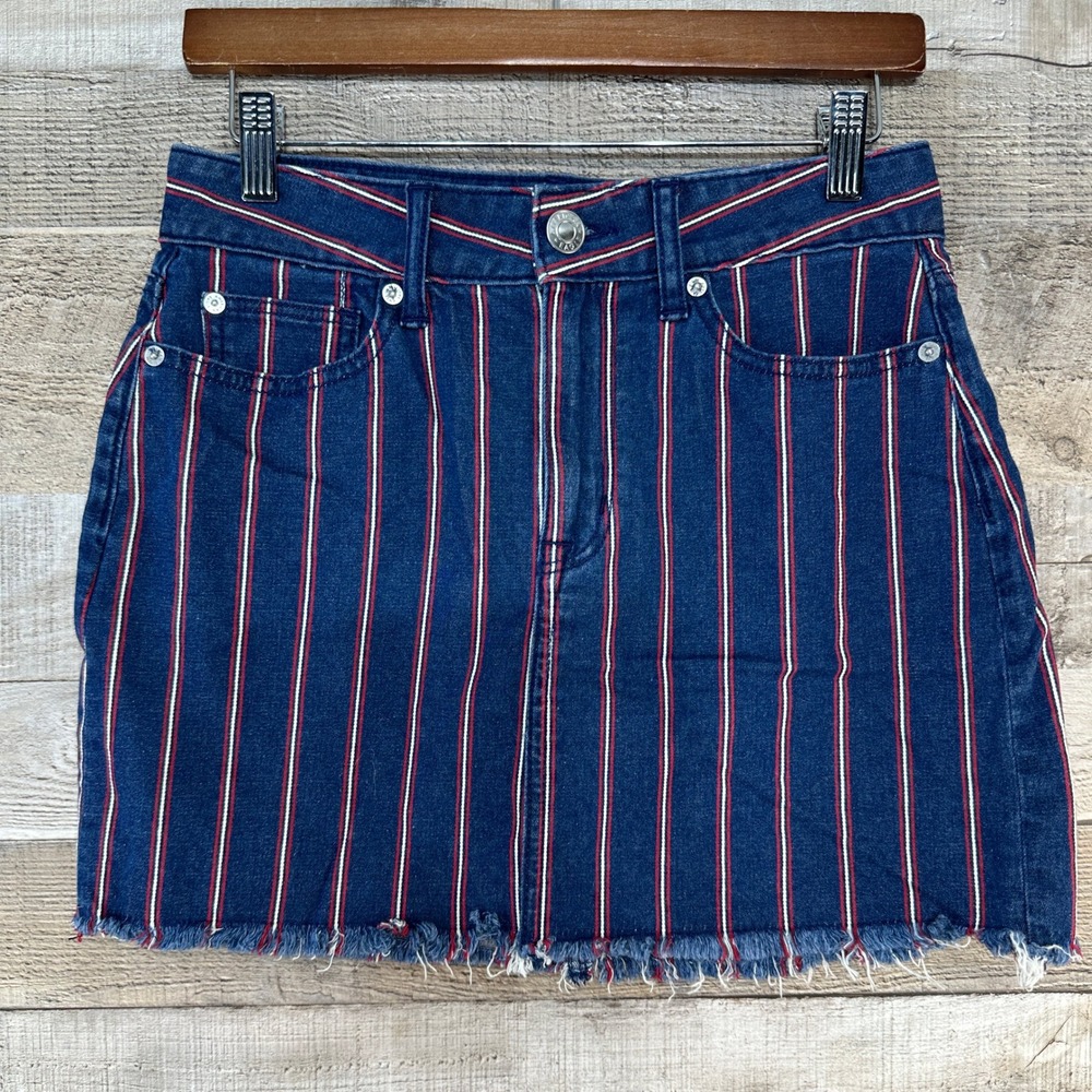 American Eagle Womens Striped Denim Mini Skirt Super Stretch Blue Red White Sz 4